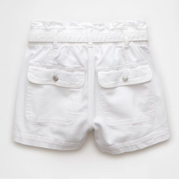 AE 14-16 White Stretch Relaxed Fit Paper Bag Denim Belted High Rise Mom Shorts - Picture 6 of 15